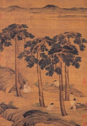 Cảnh người xưa ngồi dưới gốc cây tùng, rời xa chốn đông đúc huyên náo để thưởng thức trà.