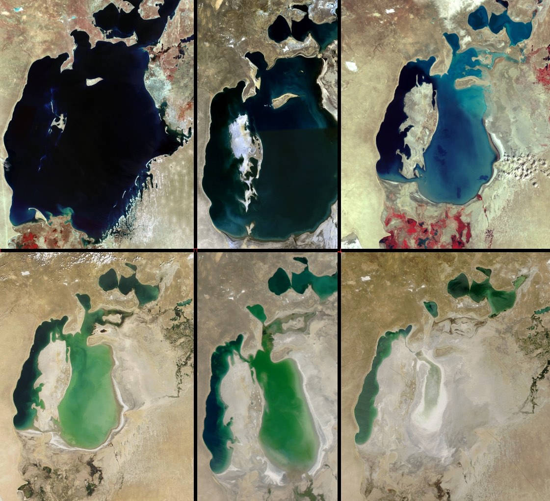 Đây từng là vùng hồ lớn thứ tư trên thế giới. Hình ảnh vệ tinh của Biển Aral từ năm 1964 đến năm 2014. (Ảnh: Chụp vệ tinh) 