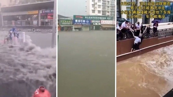 Tình hình lũ lụt tại khu vực thành phố Nghi Xương tỉnh Hồ Bắc, cánh đập Tam Hiệp 40km. (Ảnh cắt từ video)